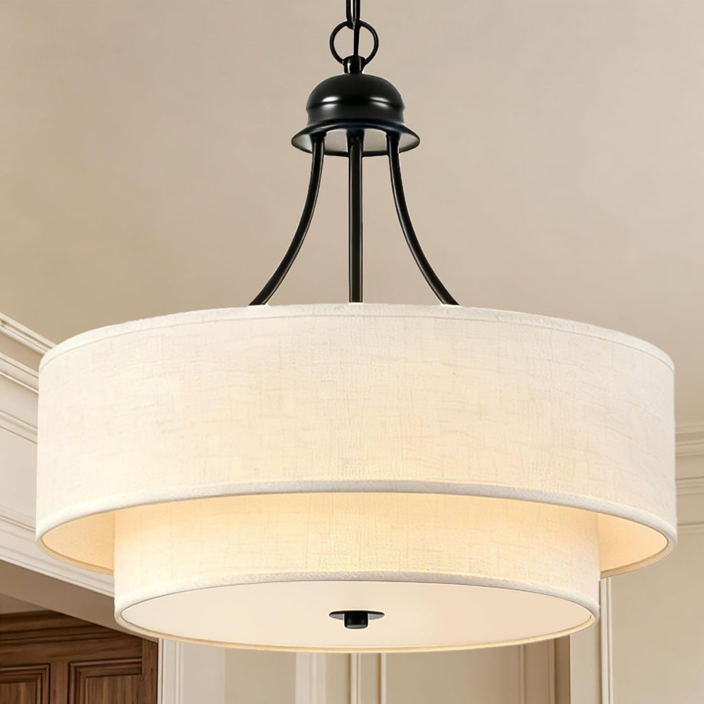VESPERIX 18" Linen Drum Chandelier, 4-Light Modern Farmhouse Ceiling Light Fixture,2-Layer Fabric Shade with Acrylic Diffuser, Adjustable Hanging Light for Dining Room, Kitchen, Bedroom