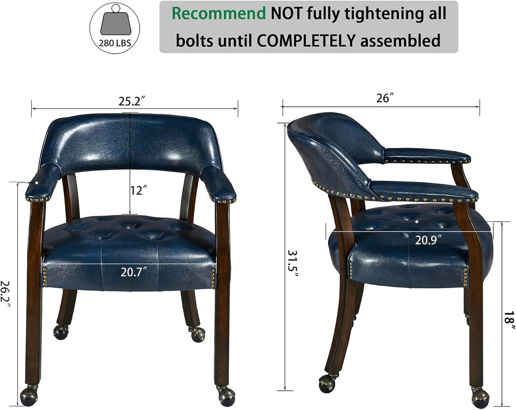 Set of 4 Dining Arm Chair with Casters, Blue PU Chairs, No Table