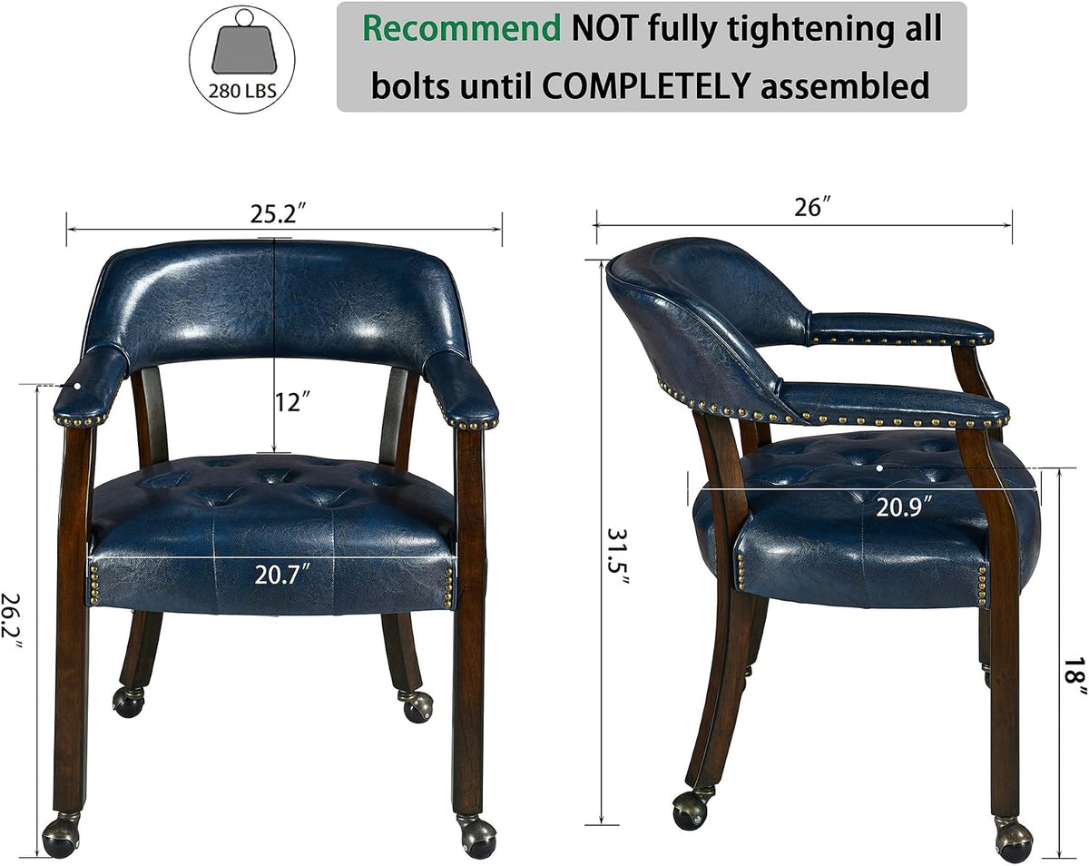 Set of 4 Dining Arm Chair with Casters, Blue PU Chairs, No Table