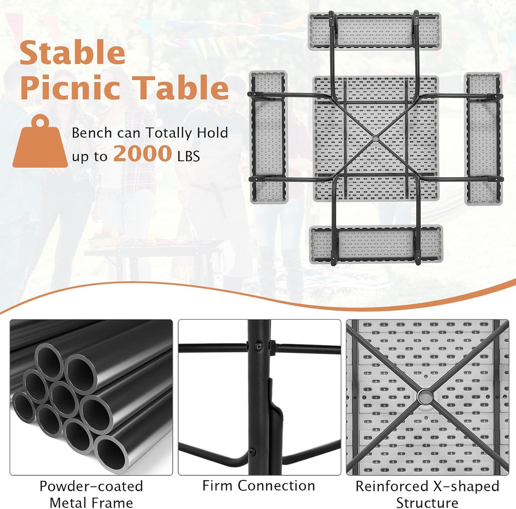 Giantex Picnic Table Bench Set for 8 Persons, Square Outdoor Table with Umbrella Hole, HDPE Top & Metal Frame, 2000LBS Capacity, Patio Table Bench Set for Deck Backyard Garden, Gray
