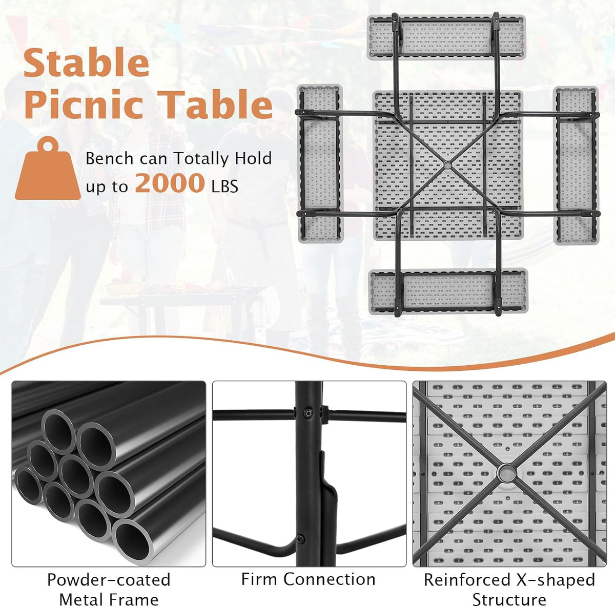Giantex Picnic Table Bench Set for 8 Persons, Square Outdoor Table with Umbrella Hole, HDPE Top & Metal Frame, 2000LBS Capacity, Patio Table Bench Set for Deck Backyard Garden, Gray