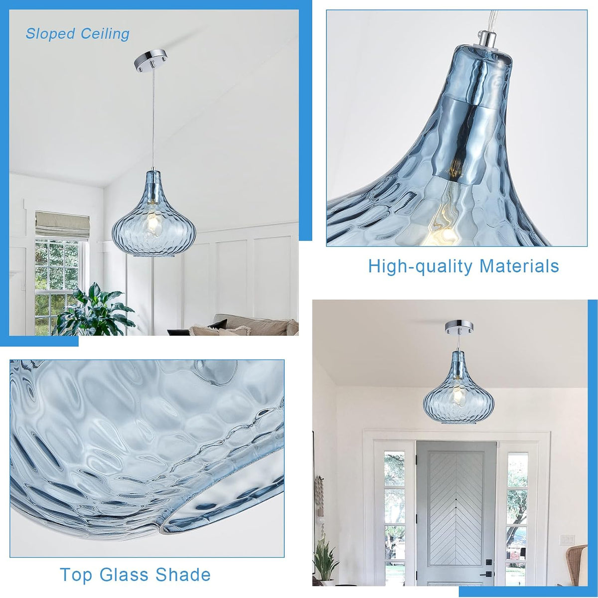 11 Inch Blue Hammered Glass Pendant Light Brushed Nickel Ceiling Lamp