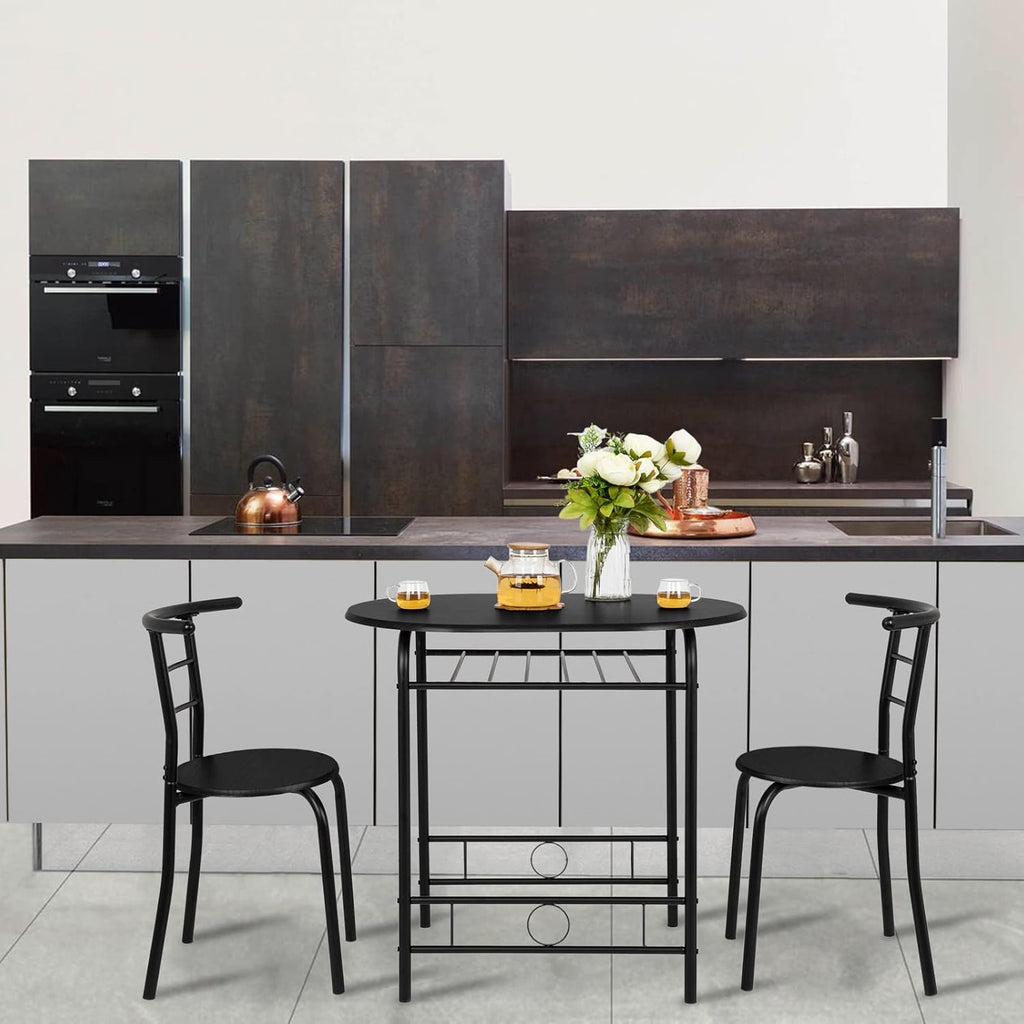 VINGLI 3 Piece Dining Set,Small Kitchen Table Set for 2,Breakfast Table Set,Kitchen Wooden Table and 2 Chairs for Small Space/Dining Room/Apartment,Metal Frame,Wine Rack,Black