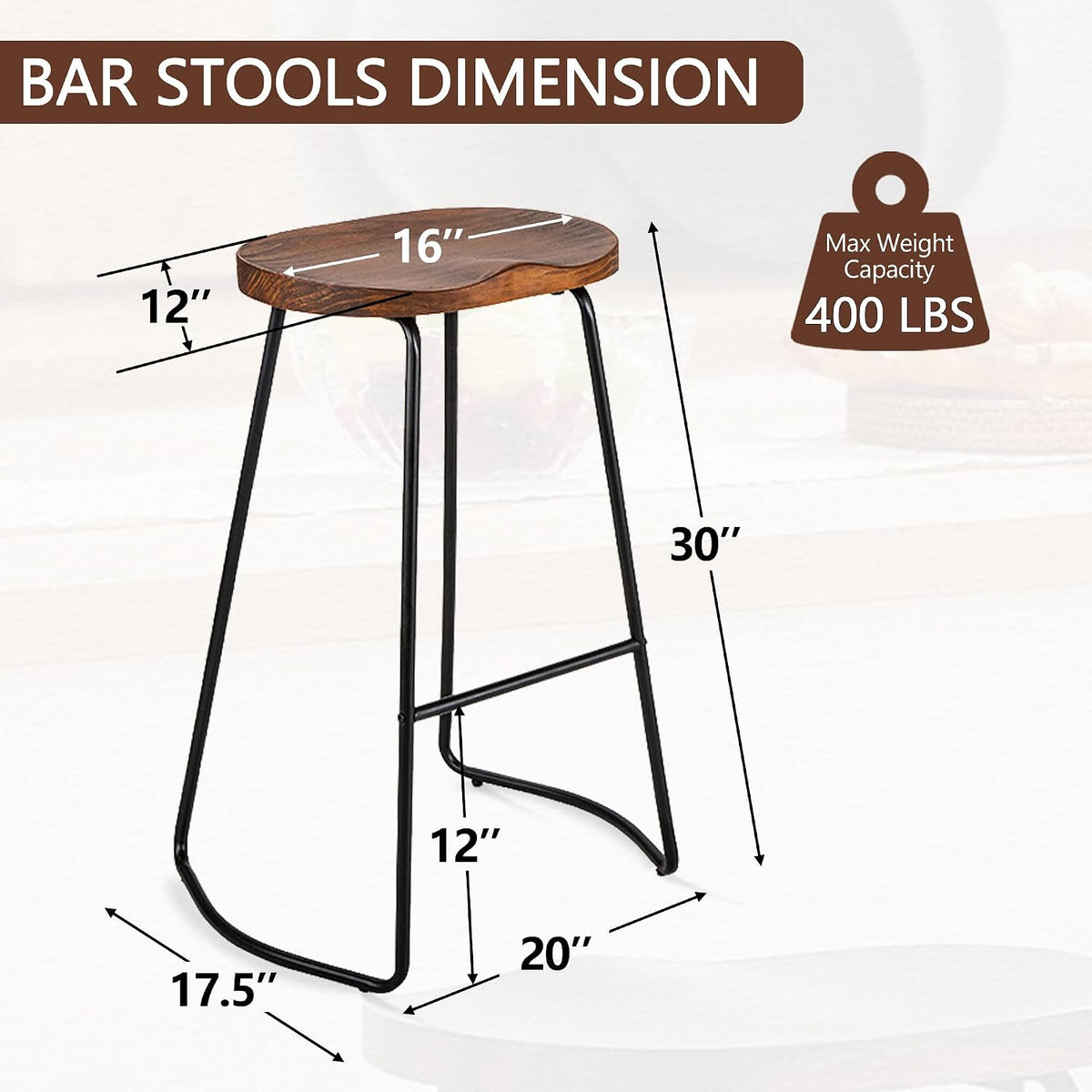 HeuGah Wood Bar Stools Set of 3, 30" Backless Saddle Seat Barstools