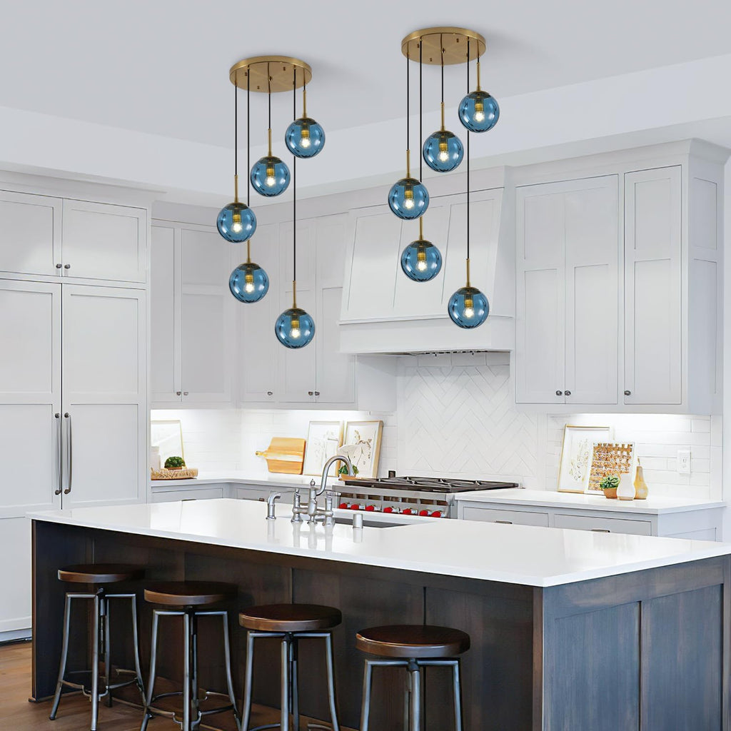 kco modern 5-light blue ribbed glass globe cluster, front angle view