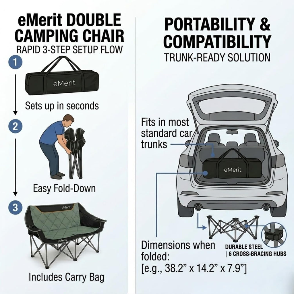 EMERIT 3 Person Camping Chair,900lb Heavy Duty Triple Loveseat Wide Padded Folding Couch for Adults & Family