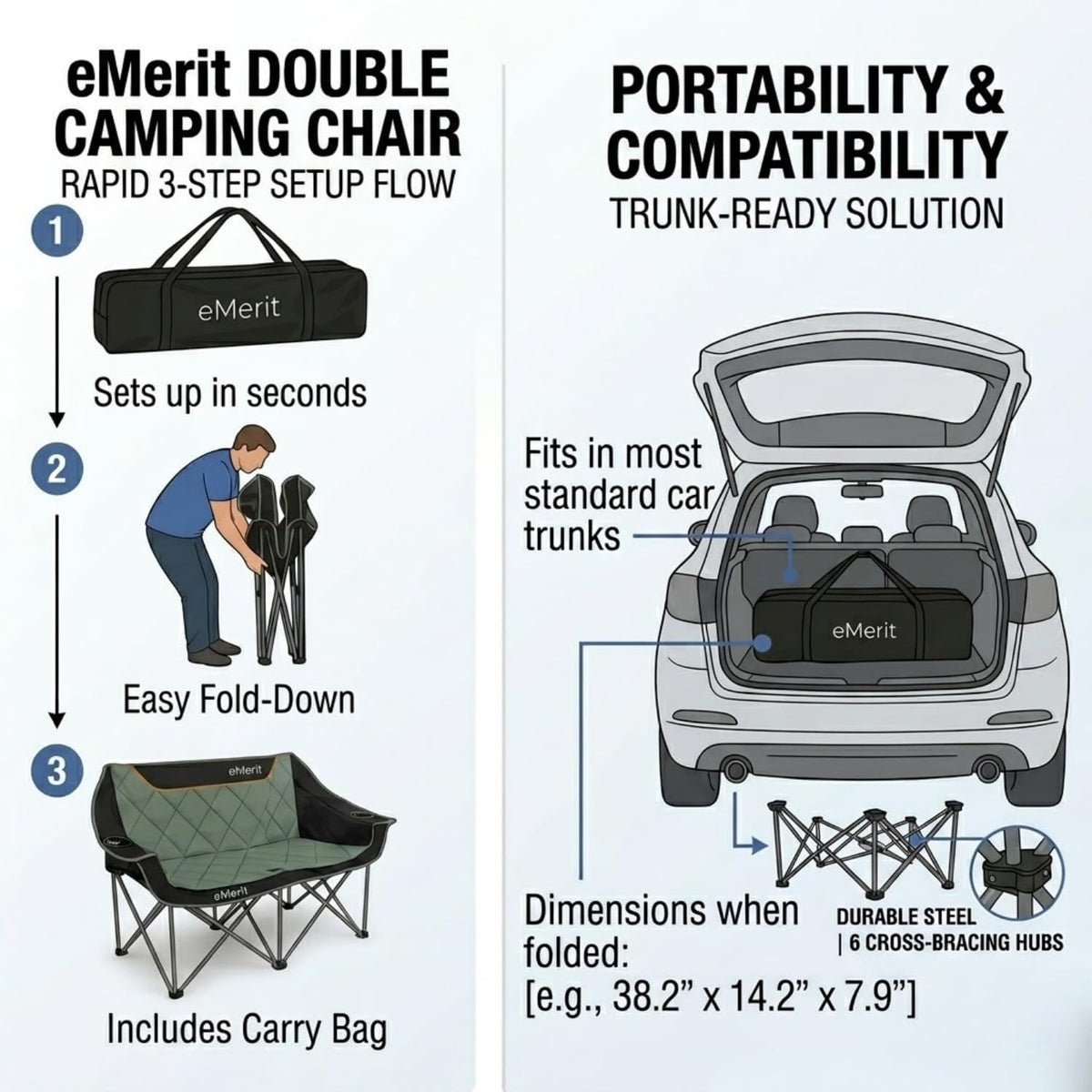 EMERIT 3 Person Camping Chair,900lb Heavy Duty Triple Loveseat Wide Padded Folding Couch for Adults & Family