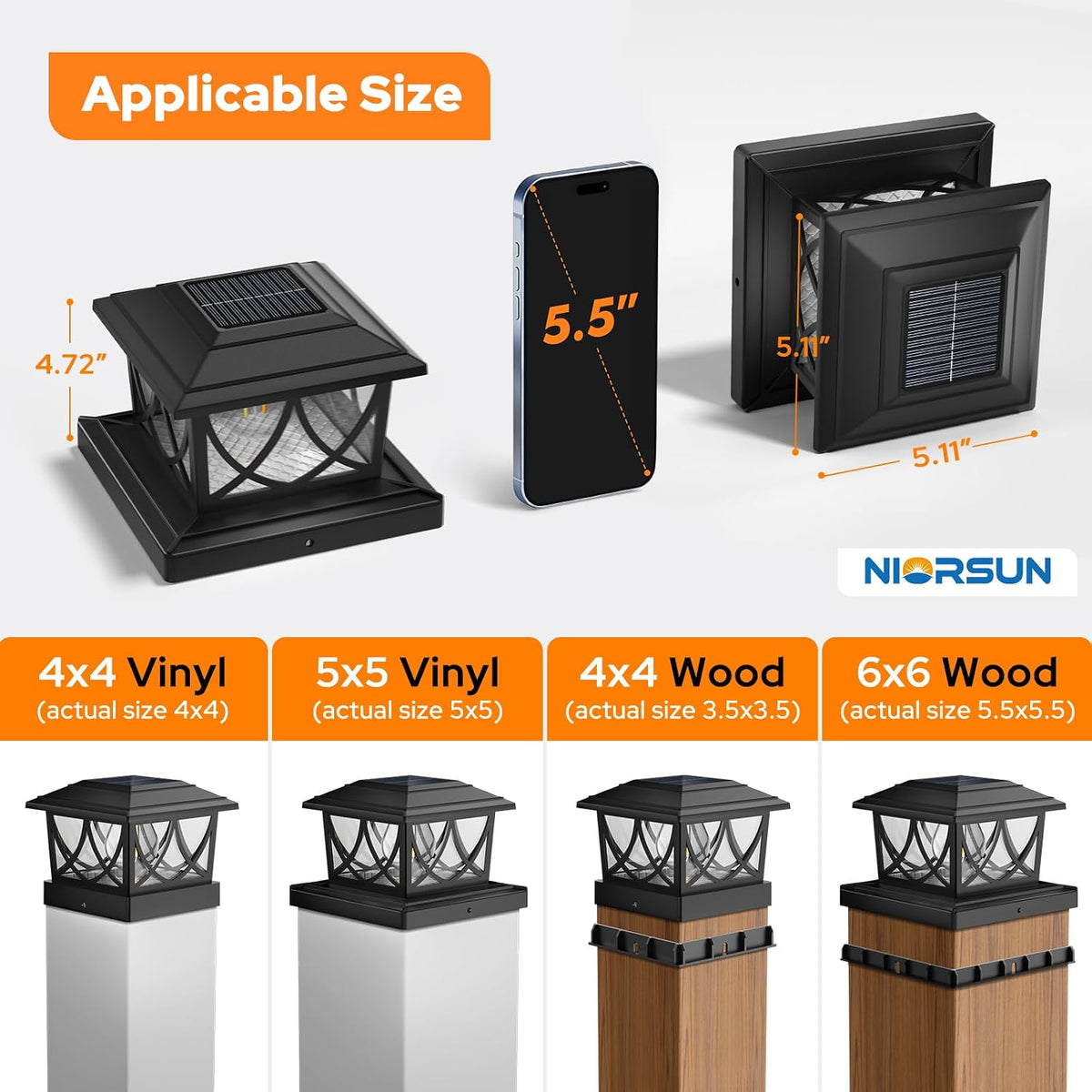 NIORSUN 4x4 Post Solar Lights, 3 Color Temps & 2 Brightnesses, 8 Pack Black