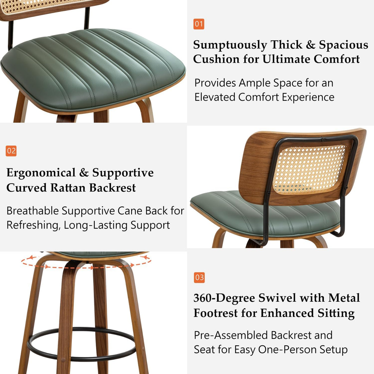 Rattan Swivel Bar Stools, Mid Century Bar Stools with Walnut Craftsmanship