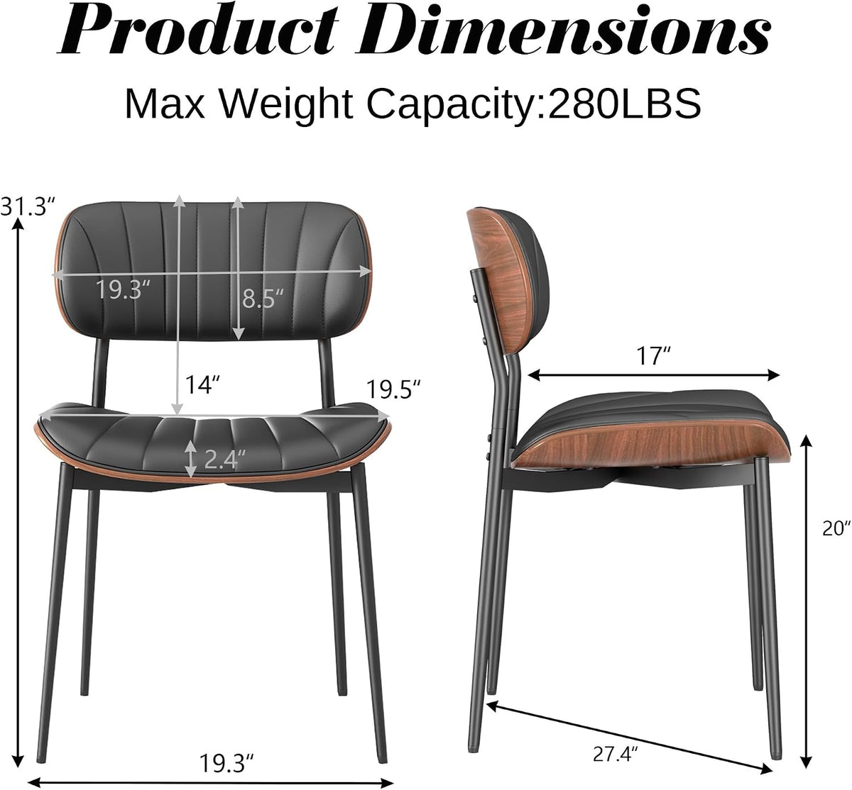 PU Leather Dining Chairs Set of 2 with Walnut Bentwood, Black
