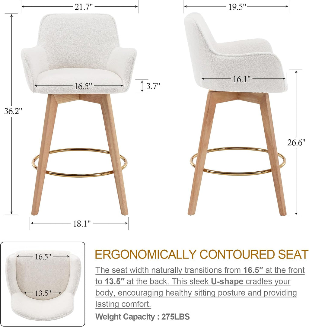 ONEVOG Boucle 26" Counter Height Bar Stools Set of 4, Swivel Modern Kitchen Island Tall Chairs with Back, Arm, Footrest and Wooden Legs, Sherpa Fabric Upholstered Barstools for Pub/Dining Room, White