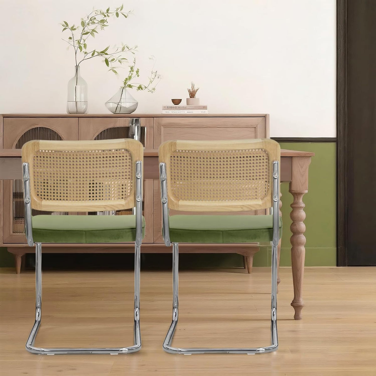 Rattan Dining Chairs Set of 6,Velvet Cushion Kitchen Cesca Chairs,Green