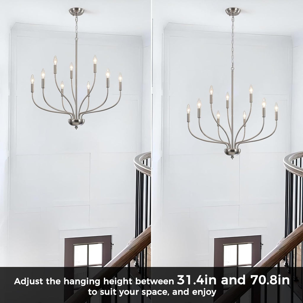Brushed Nickel Chandelier, 9-Light Farmhouse Chandelier for Dining Room Lighting Fixture, 28'' Rustic Industrial Modern Candle Chandelier for Bedroom, Kitchen, Living Room, Foyer and Hallway