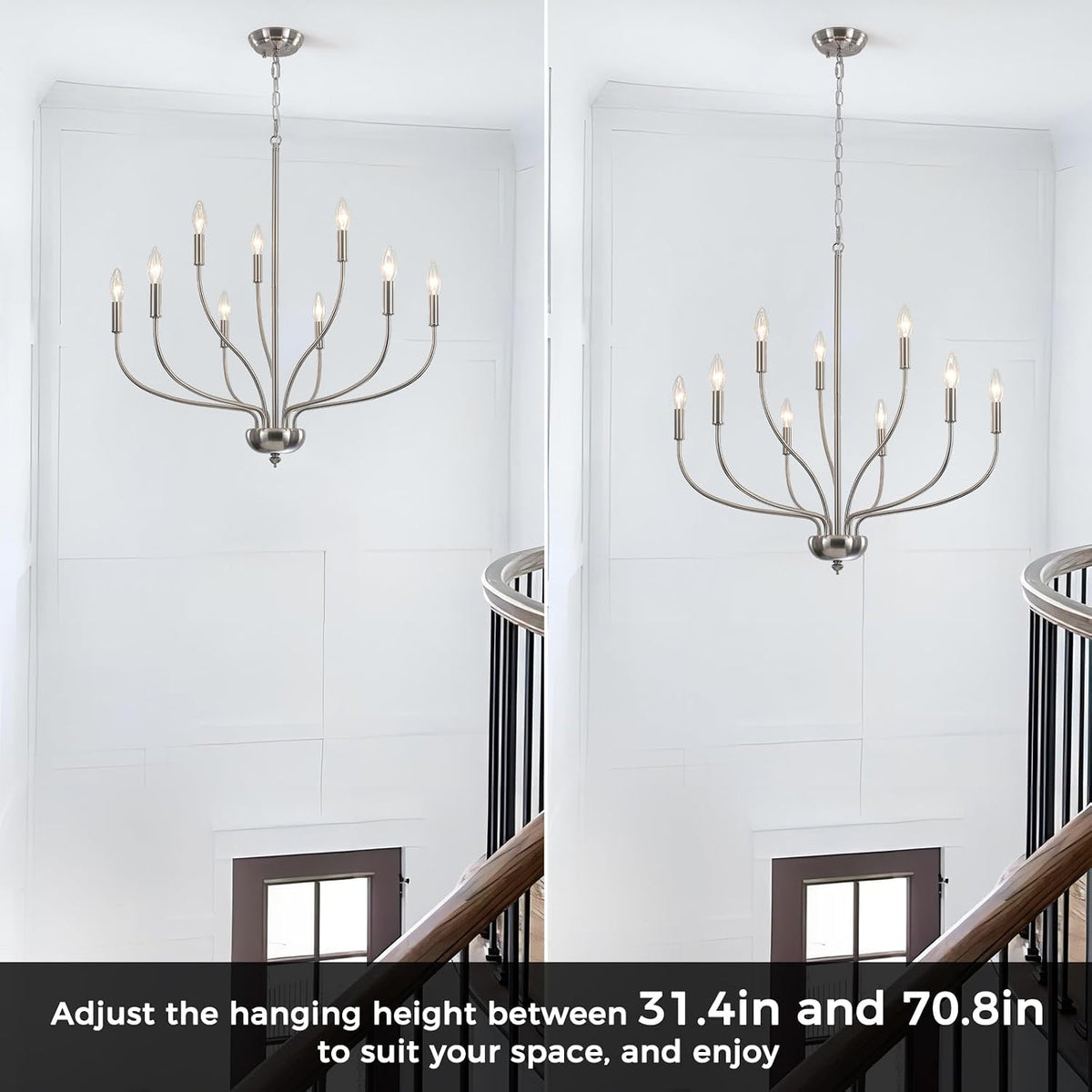 Brushed Nickel Chandelier, 9-Light Farmhouse Chandelier for Dining Room Lighting Fixture, 28'' Rustic Industrial Modern Candle Chandelier for Bedroom, Kitchen, Living Room, Foyer and Hallway