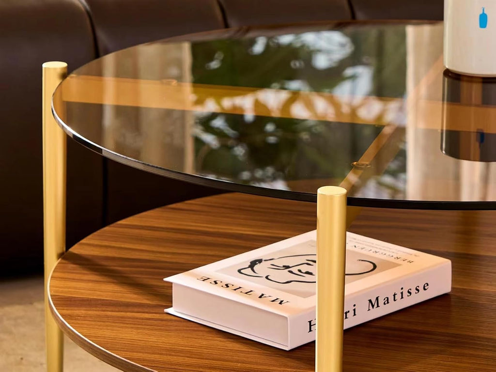 Shrine Round Glass Coffee Table, Mid-Century Modern Design, D30 x H17 in, 2-Tier Structure, Amber Glass Top and Walnut MDF Shelf, Sleek Conical Metal Legs with Gold Finish
