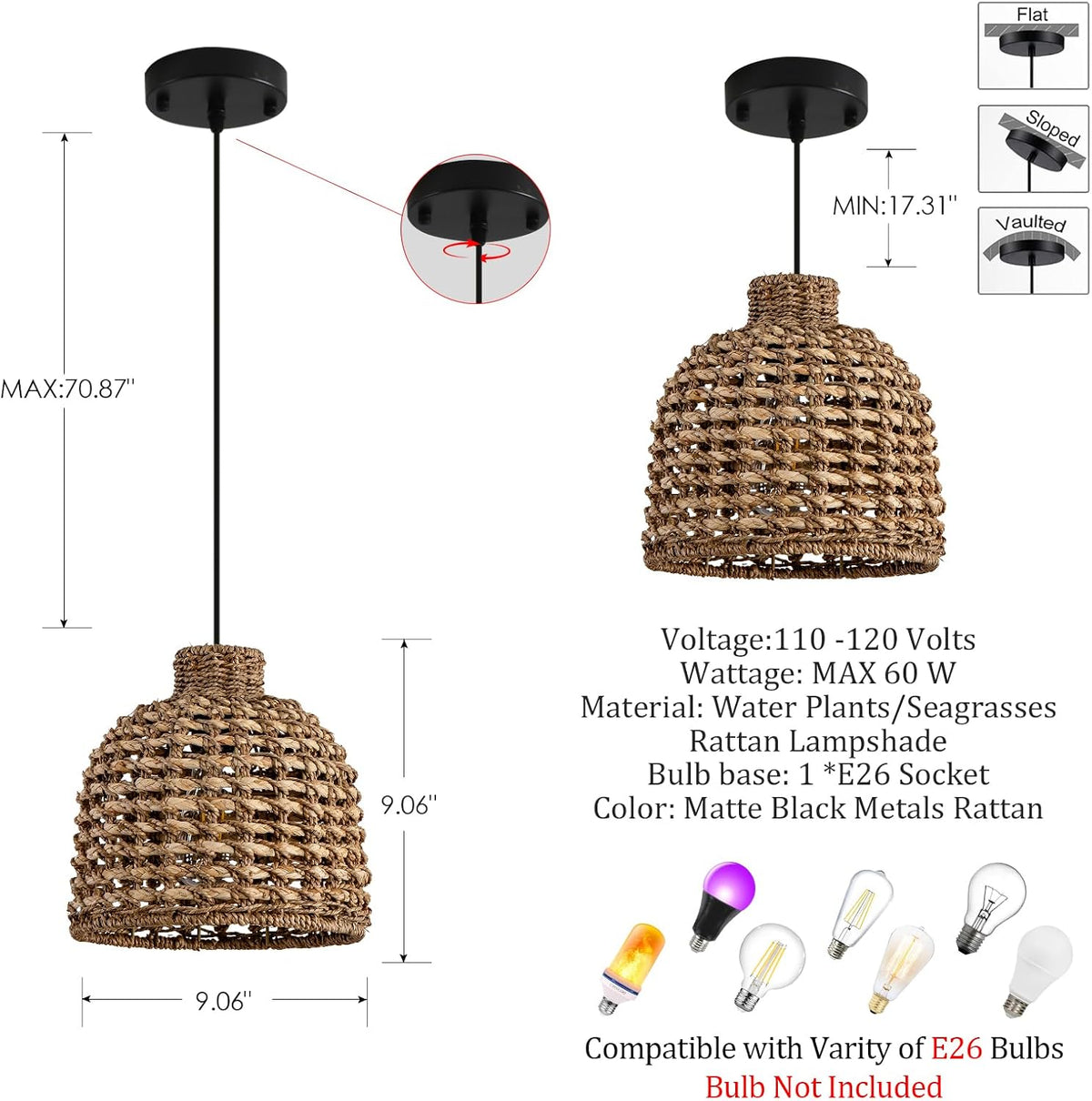 rattan pendant light,mini seagrass hanging light shown in use