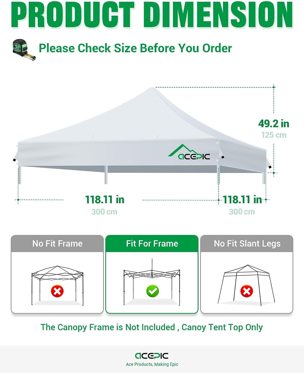 ACEPIC Heavy Duty 10x10 Peak Pole Canopy Replacement Top (Gray, Top Only)