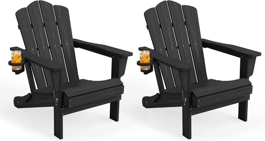 KINGYES Folding Adirondack Chair, All-Weather HDPE Material, Black, 2 Pack