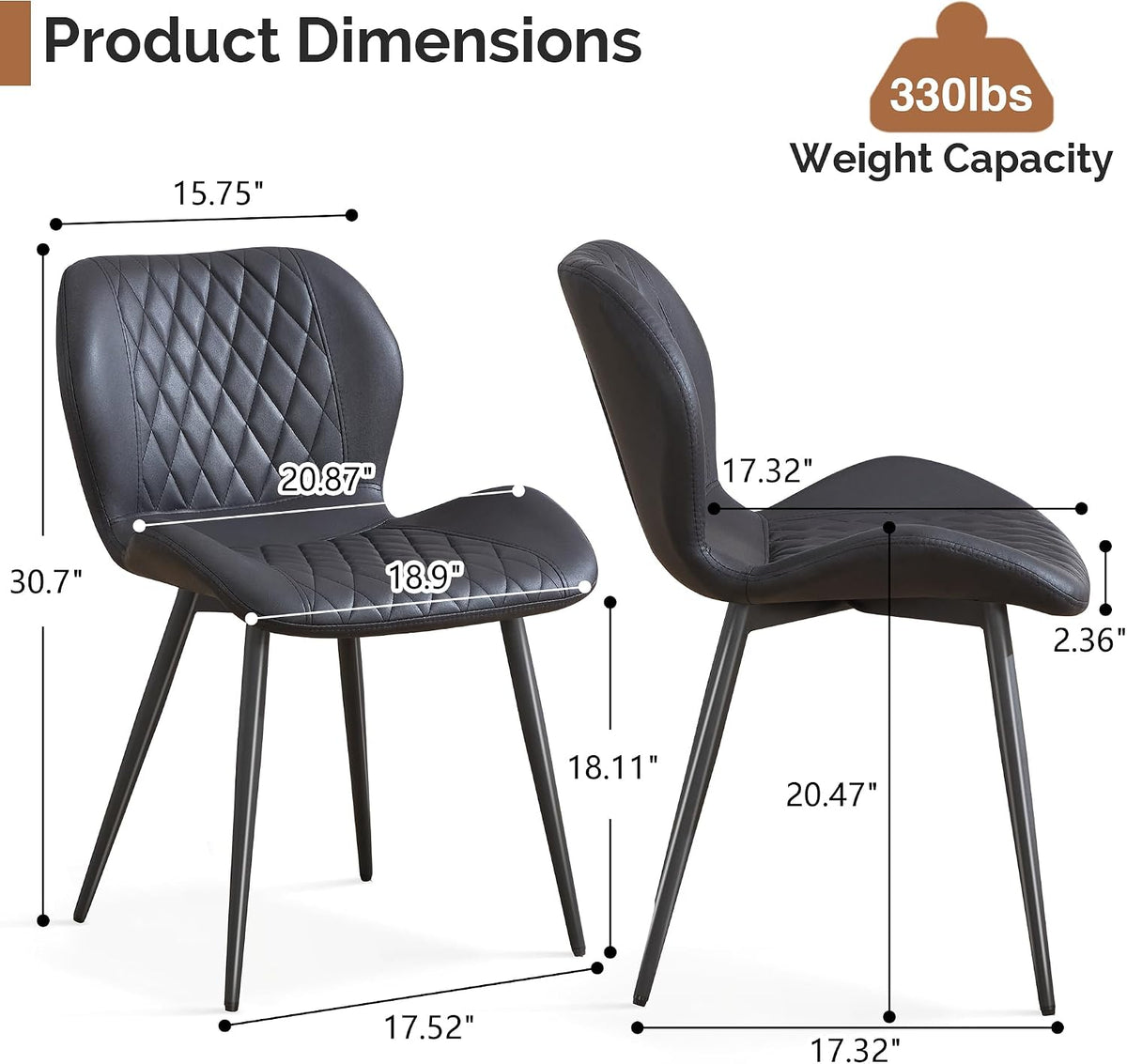Dining Chairs Set of 2, Comfy Modern Dining Chairs with Thick Cushions, Upholstered Fabric Kitchen Side Chairs with Adjustable Metal Legs for Dining Room (Black)