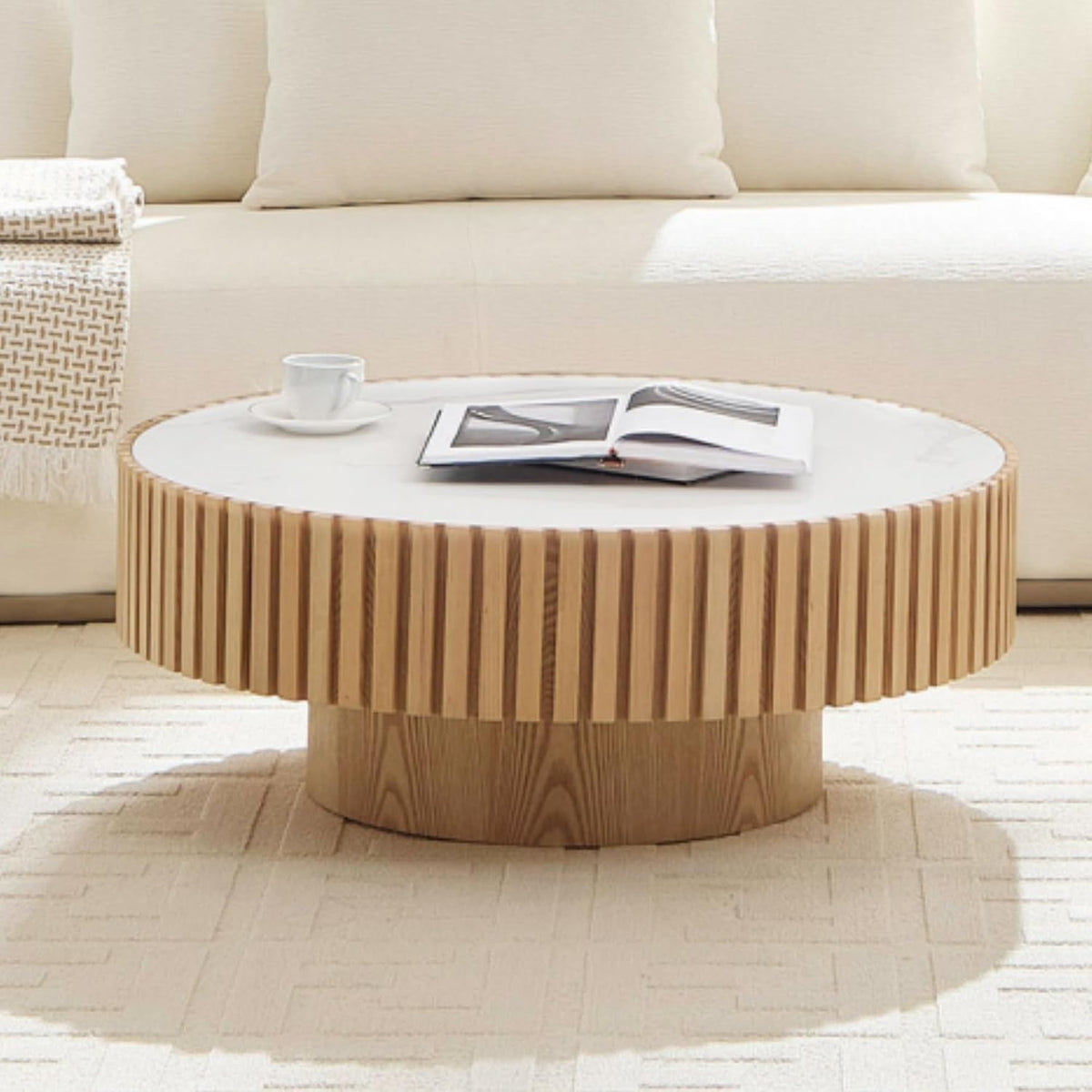 35.43" Oak Round Wood Coffee Tables with Faux Marble White Sintered Stone Tabletop, Contemporary Modern Farmhouse Boho Fluted Drum Circle Wooden Pedestal Center Table for Living Room Apartment Natural