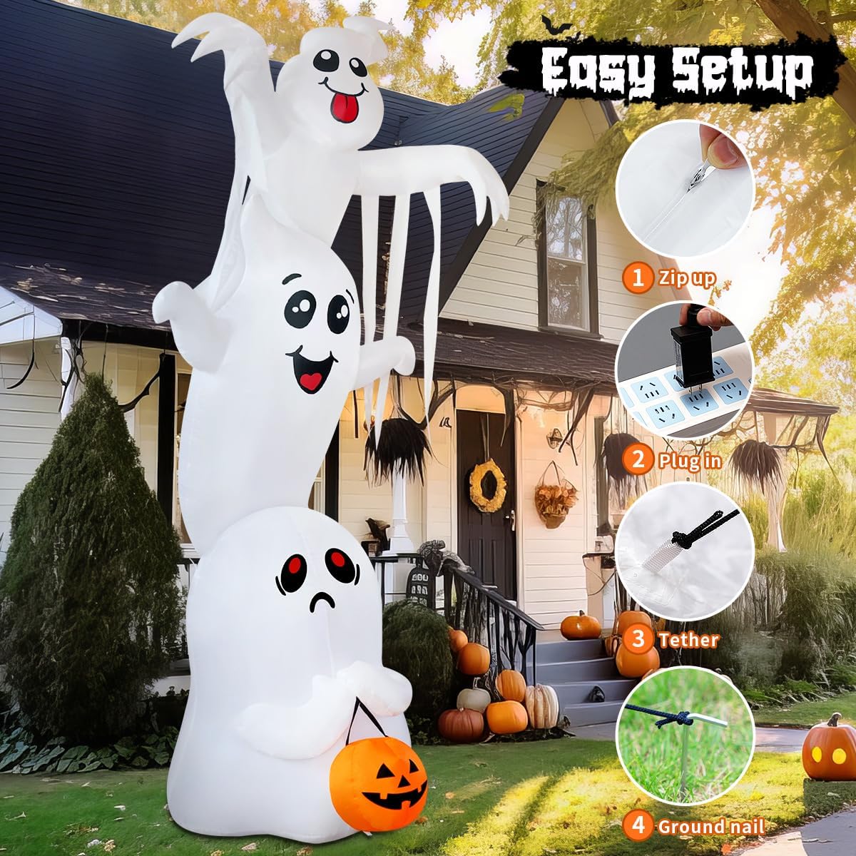 GOOSH 9.8 FT High Halloween Inflatable Overlap Ghost Outdoor Decorations Blow Up Yard with Built-in LEDs for Garden Lawn Indoor Party Decor (Three Ghosts)