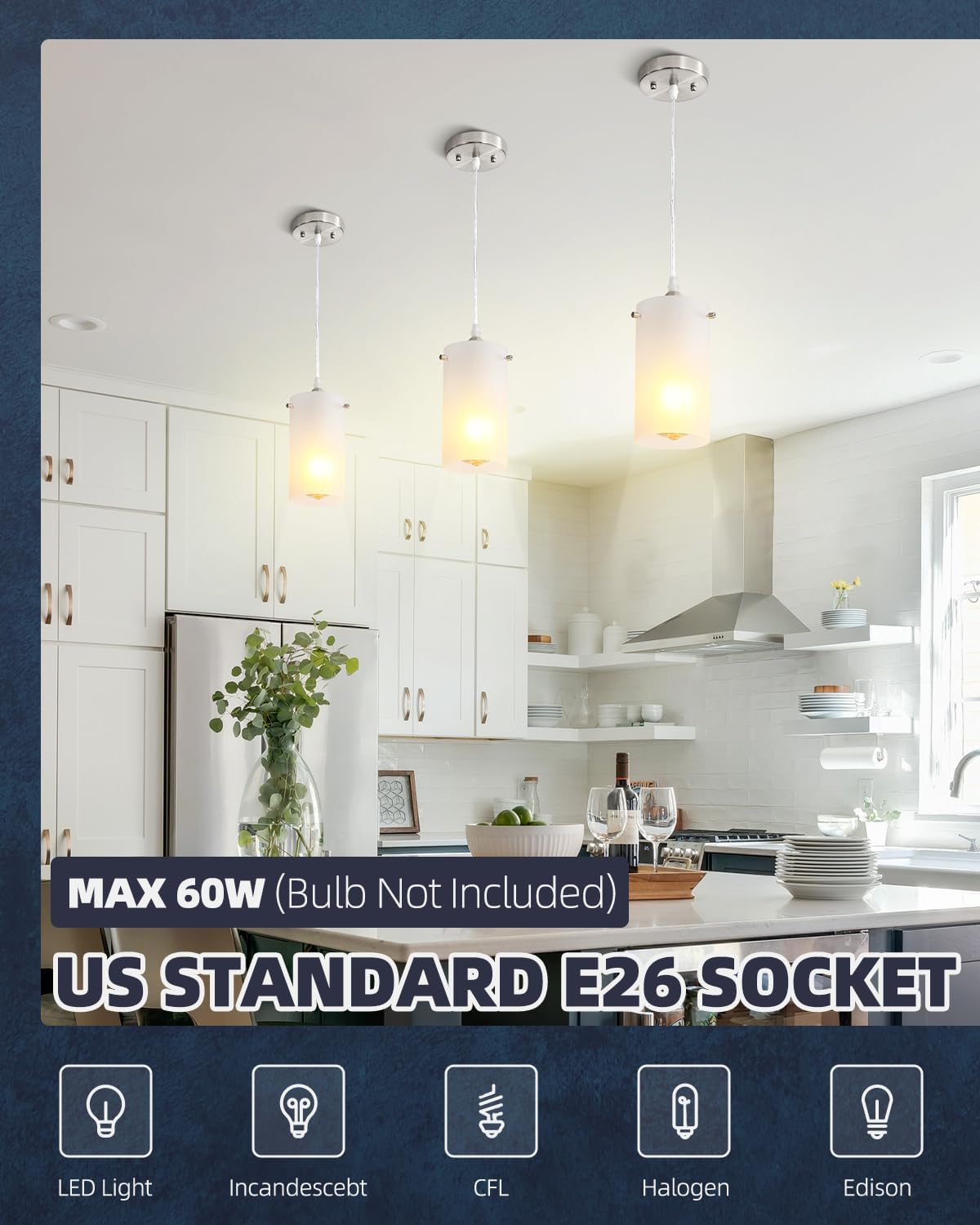1-Light Mini Pendant Light Fixtures, Modern Chandelier Hanging Ceiling Light with White Frosted Shade, Brushed Nickel Pendant Lighting Adjustable Height, 2 Pack