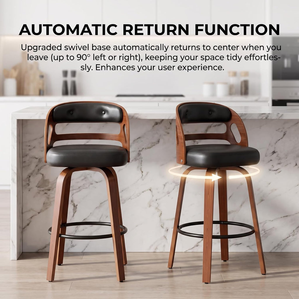 FevorFurn 26 Inch Swivel Bar Stools Set of 3, Upholstered Bar Chairs for Kitchen Island/Home Bar Table/Pantry/Café, Thick Cushion, Wooden Frame, Automatic Seat-Return to Center, Black