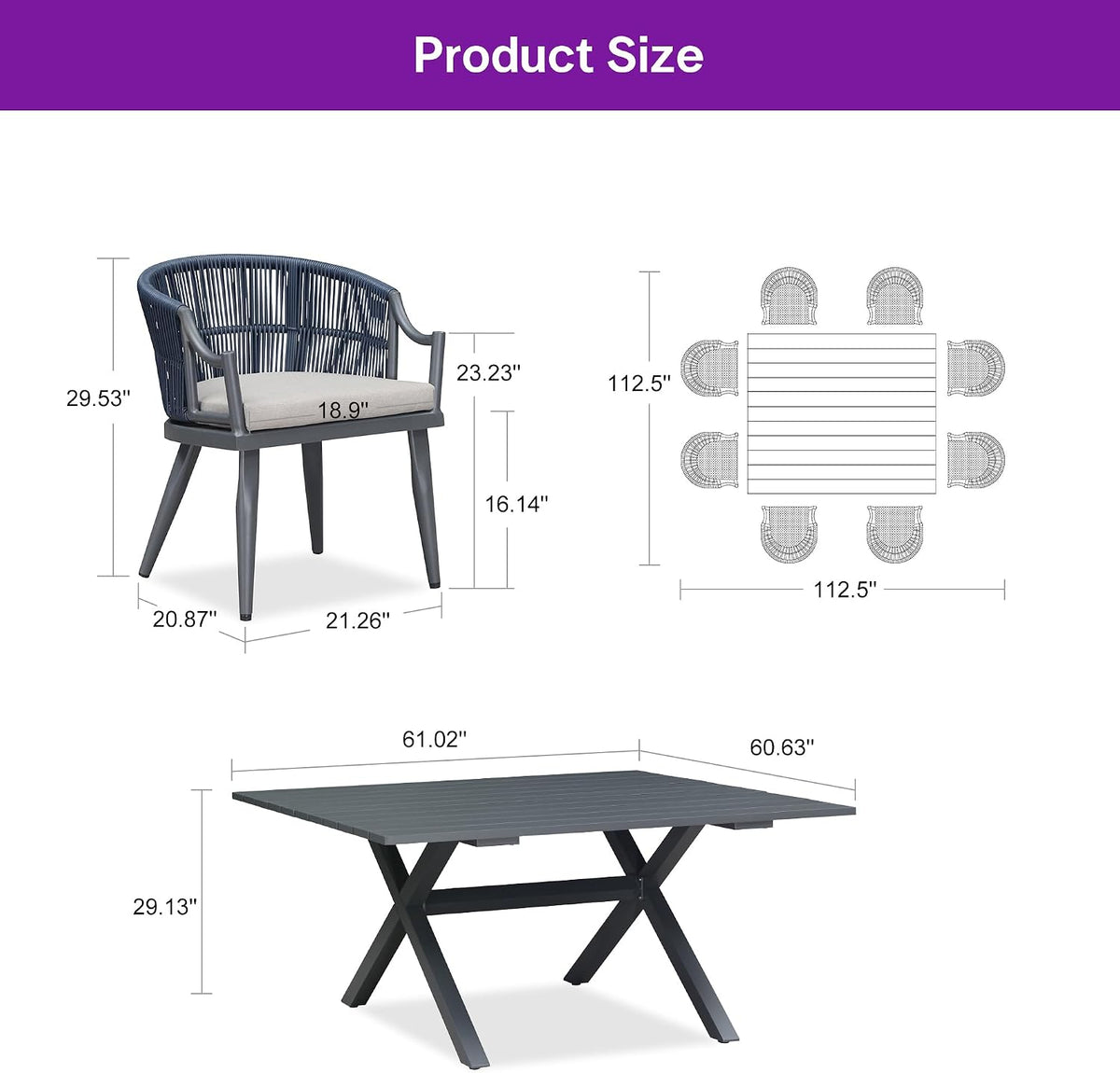 PURPLE LEAF Patio Dining Set for 8 Aluminum Table Set w/Cushions, Gray