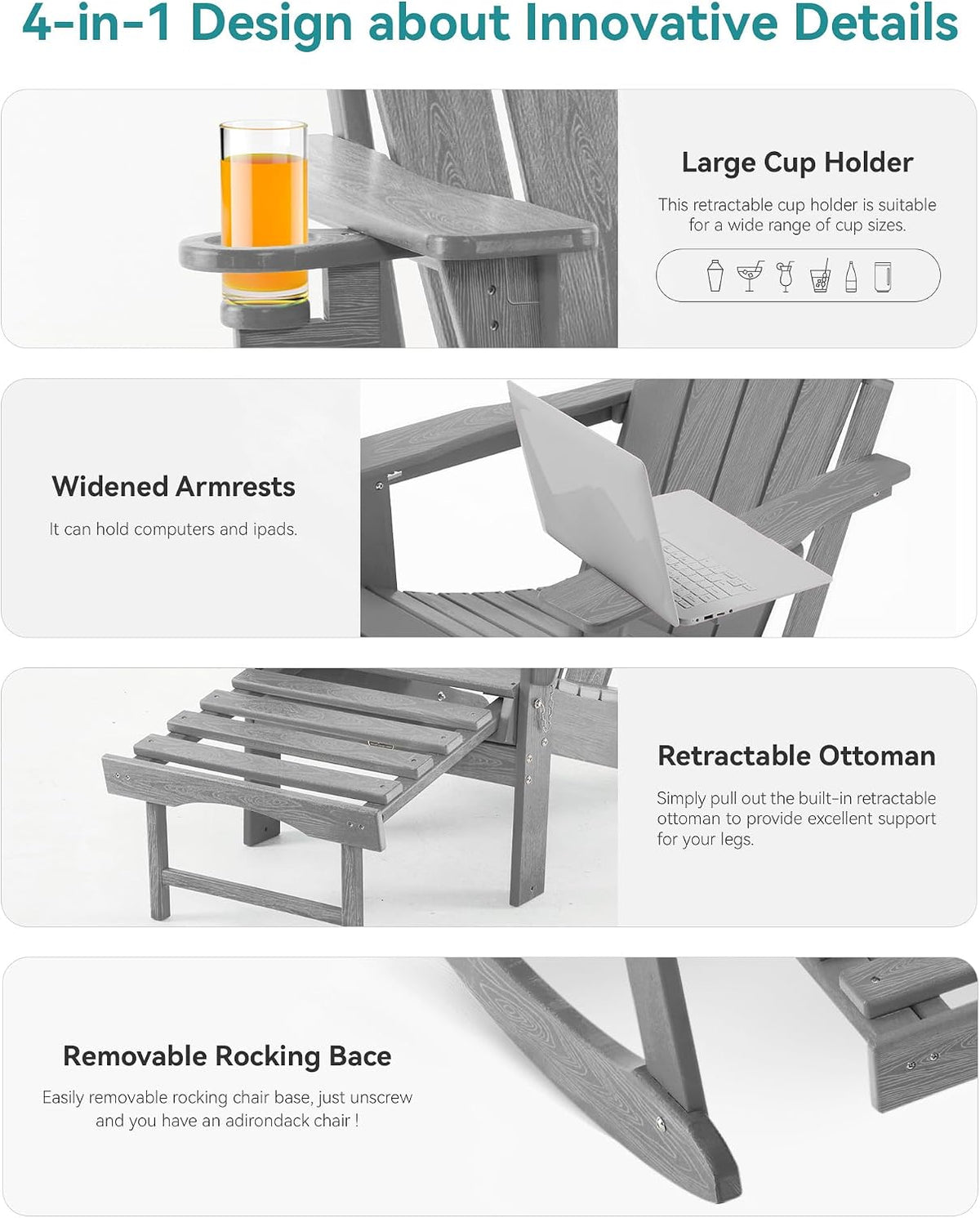 adjustable adirondack rocking chair 4-in-1 retractable ottoman,grey showing dimensions