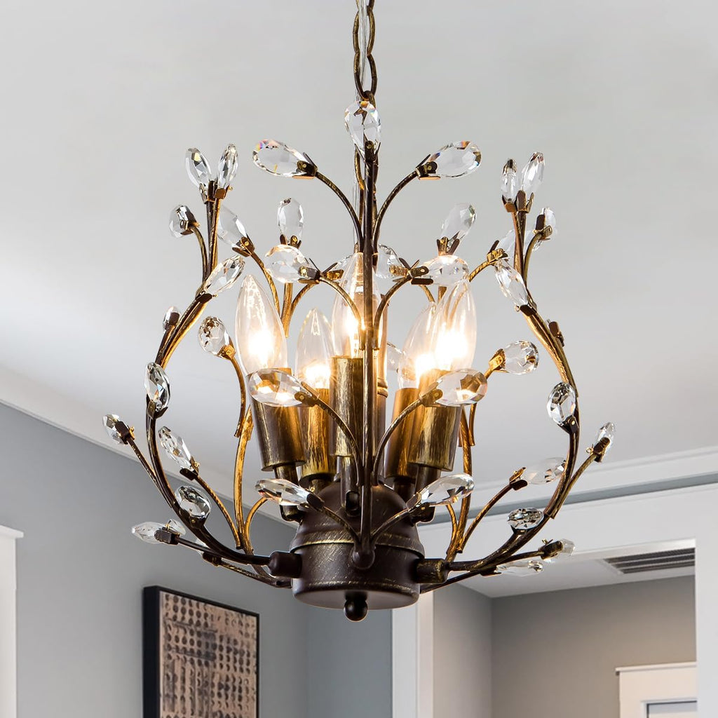Vintage 5 Light Crystal Chandelier for Dining Room, Aged Bronze Tree Branch