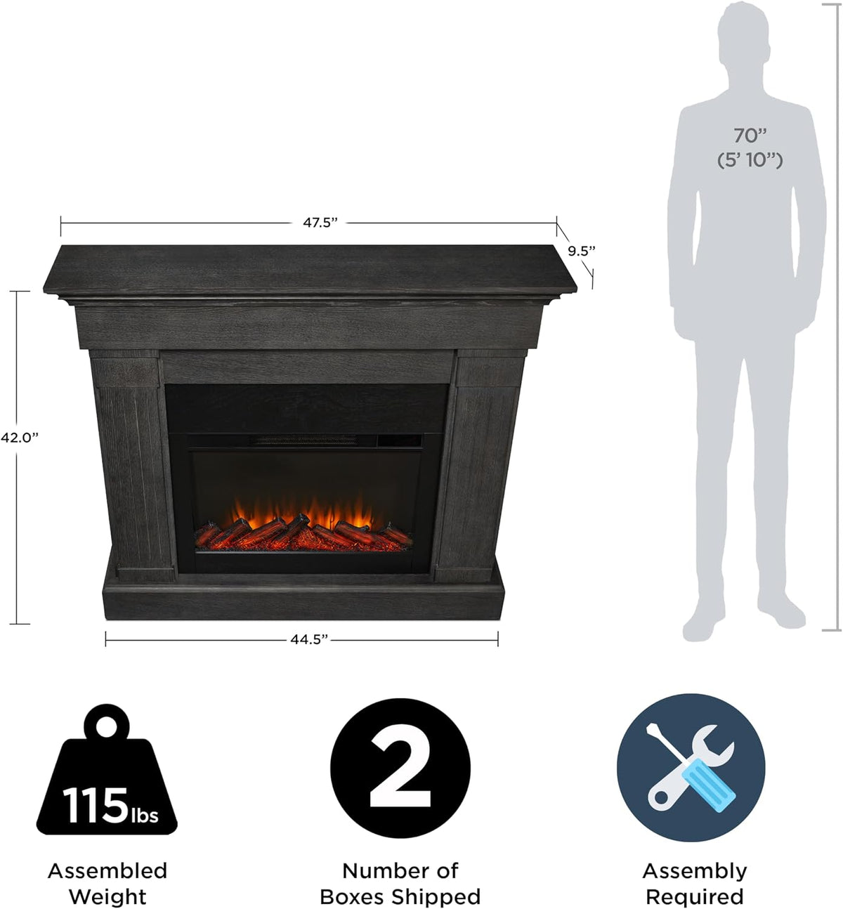 Real Flame Crawford Slim Indoor Electric Fireplace with Mantel for Living Room or Bedroom, Replaceable Fireplace Insert Heater, Realistic Log and Flame Effect, Remote Control, Timer, Gray
