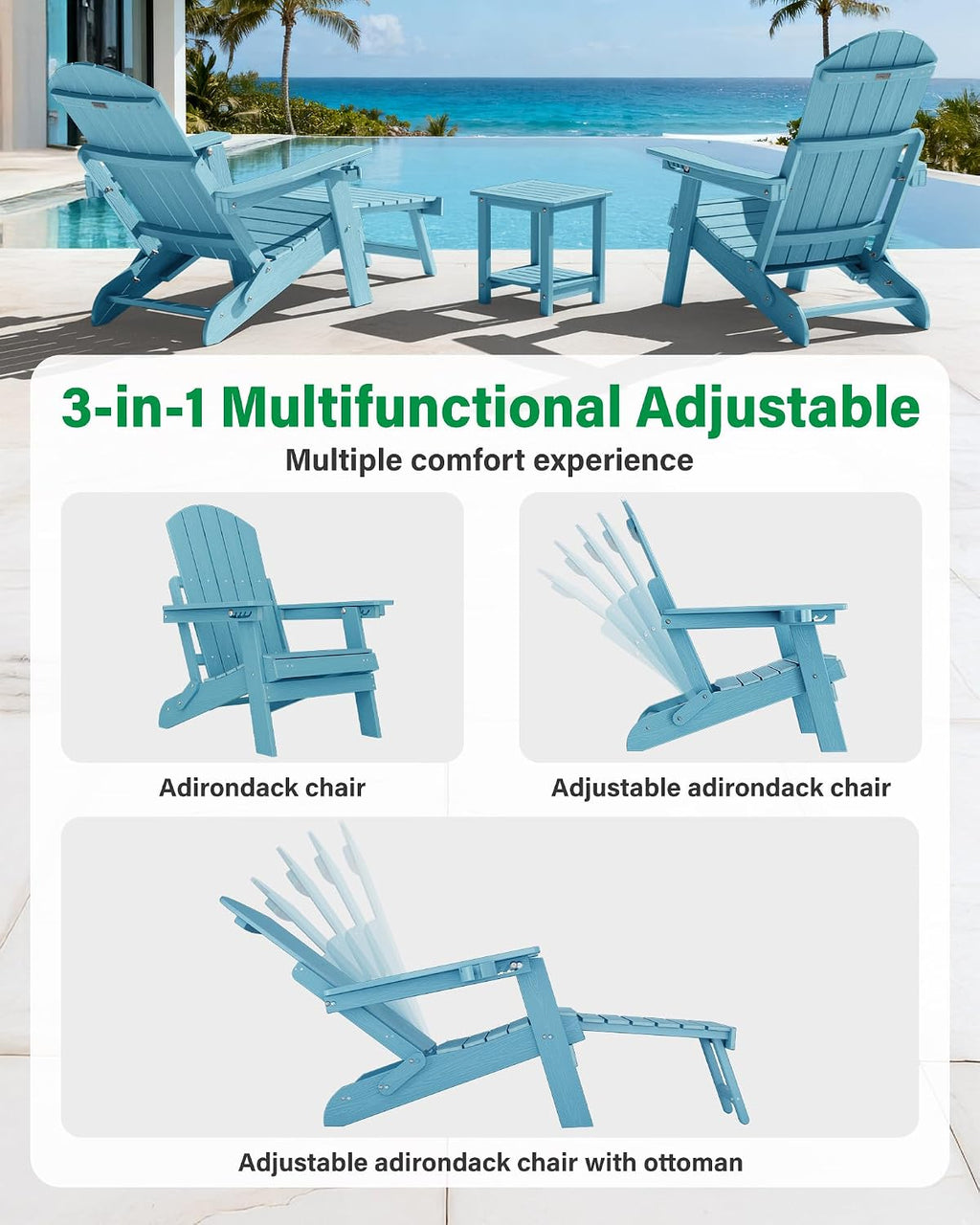 YEFU Adjustable Adirondack Chair with Footrest,All-Weather, Set of 2,Blue