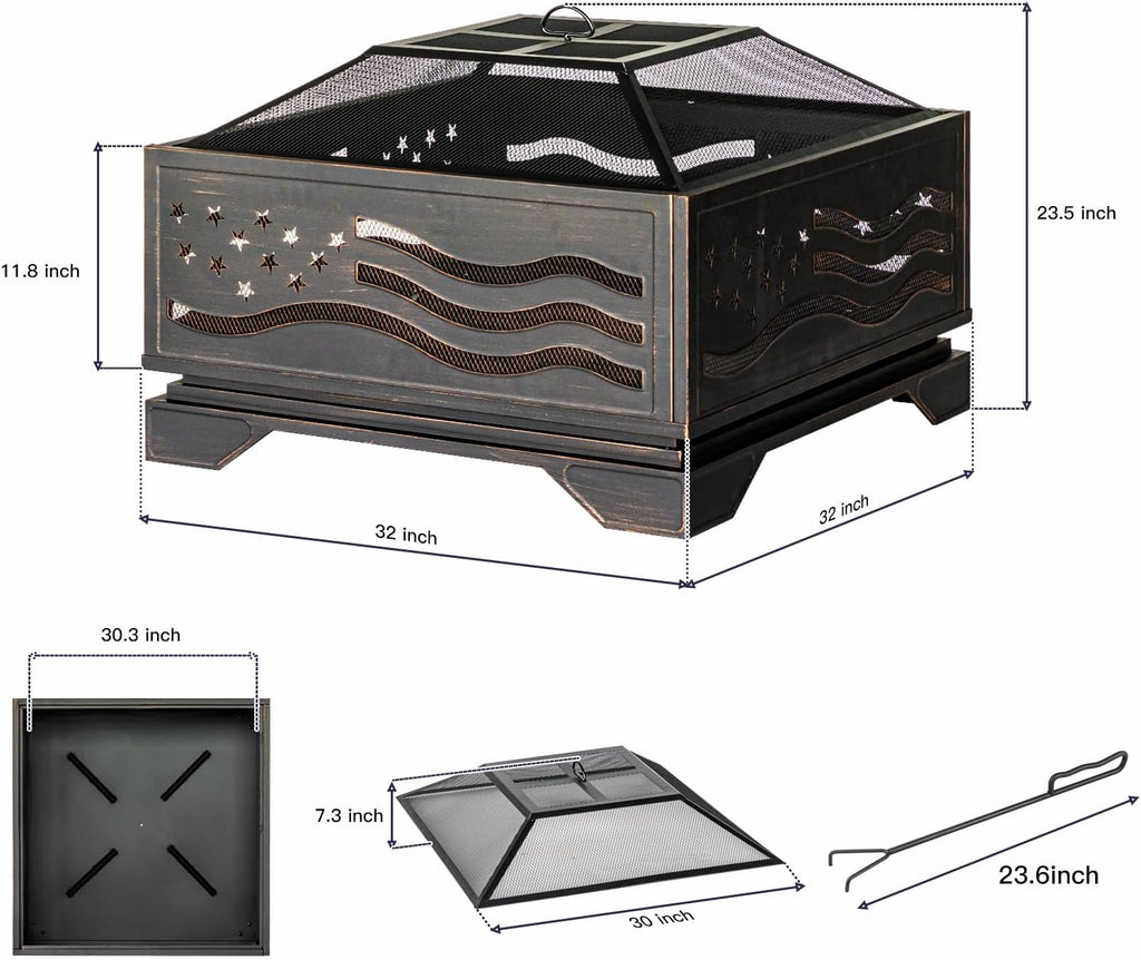 Verdeluxe Outdoor 32Inch Square-Shaped Fire Pit with Spark Screen