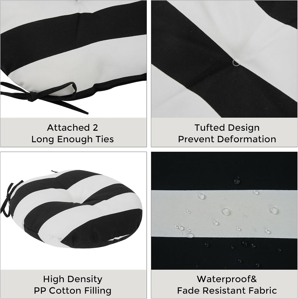 Bistro Chair Cushions 15 inch,Set of 2,Tufted Round Chair Cushions with Ties,15"x15"x4",Water Resistant Round Seat Cushion for Barstool Chairs,Patio Garden Kitchen Outdoor Furniture(Black and White)