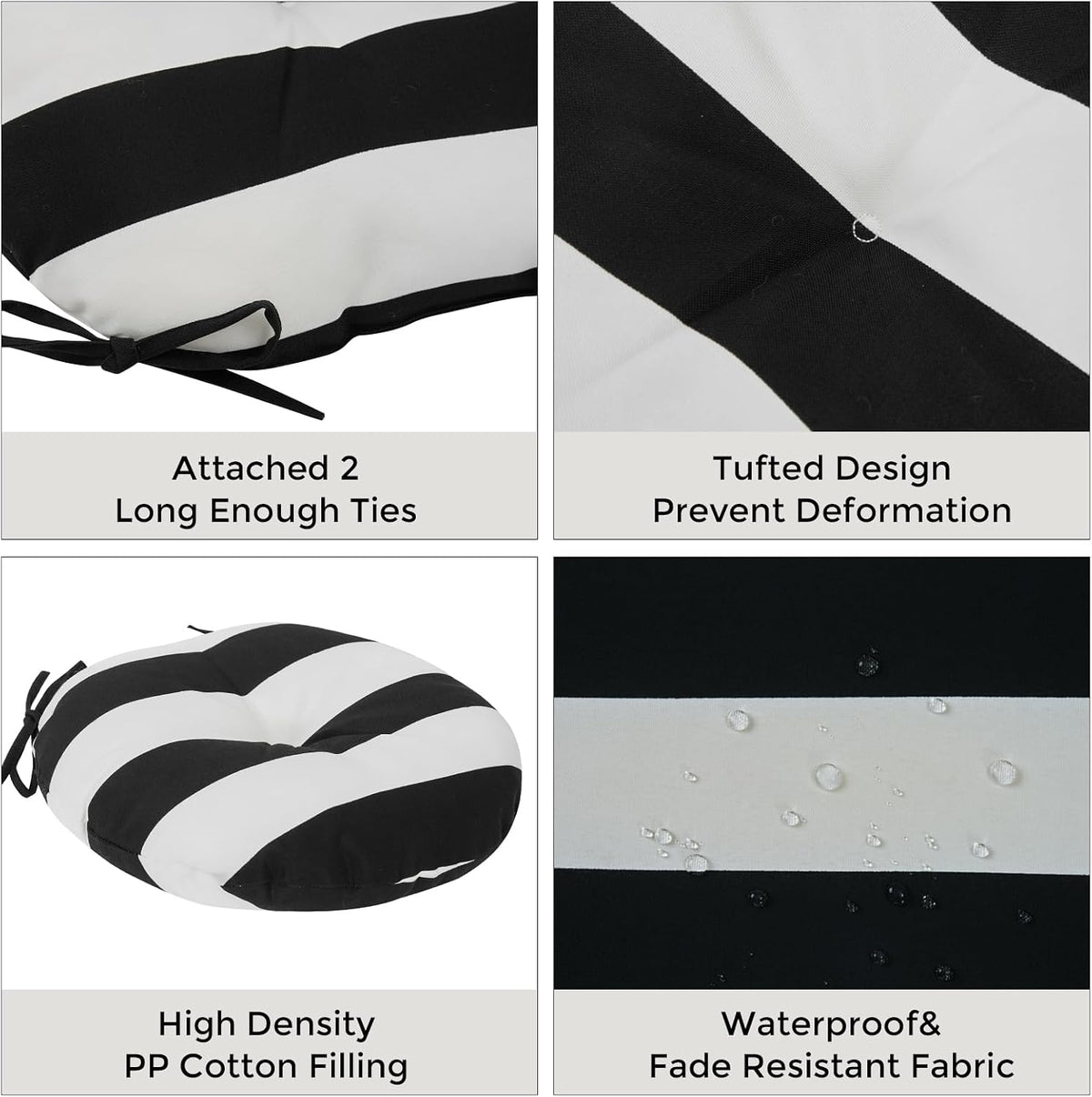 Bistro Chair Cushions 15 inch,Set of 2,Tufted Round Chair Cushions with Ties,15"x15"x4",Water Resistant Round Seat Cushion for Barstool Chairs,Patio Garden Kitchen Outdoor Furniture(Black and White)