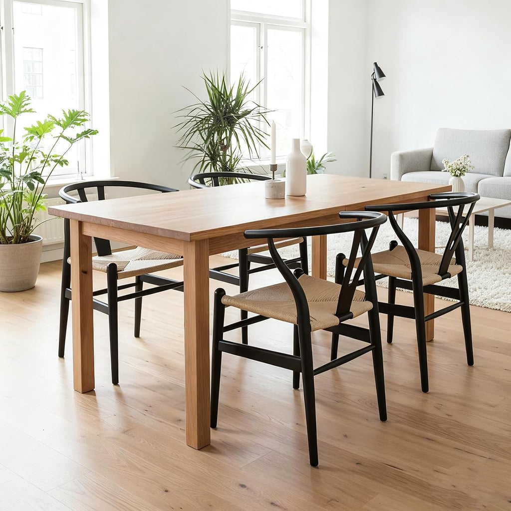 Wishbone Chairs Set of 4, Dining Chairs (Black Frame + Natural Cord)