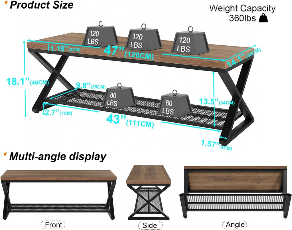 LVB Entryway Bench, Indoor Shoe Bench with Storage & Seating Rustic Oak 47"