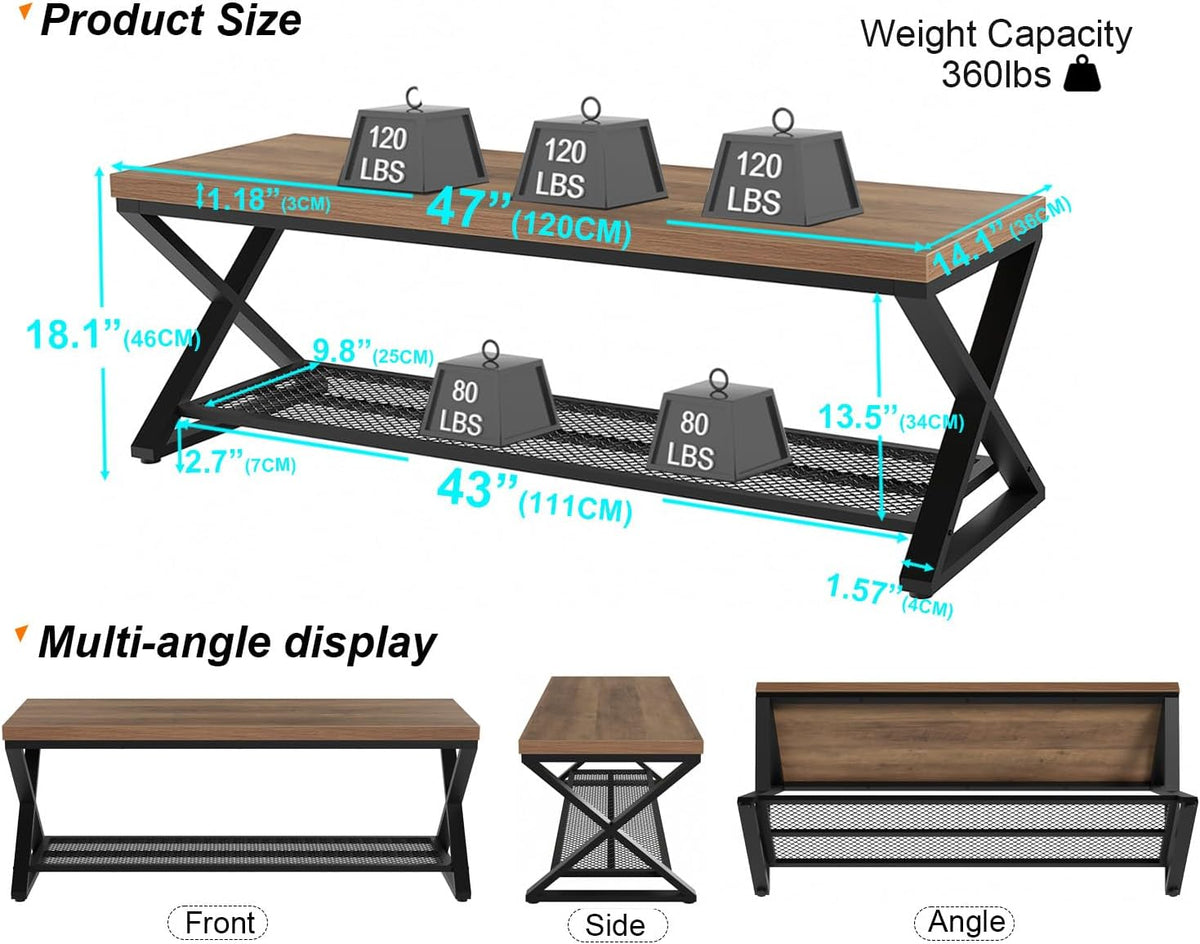 LVB Entryway Bench, Indoor Shoe Bench with Storage & Seating Rustic Oak 47"