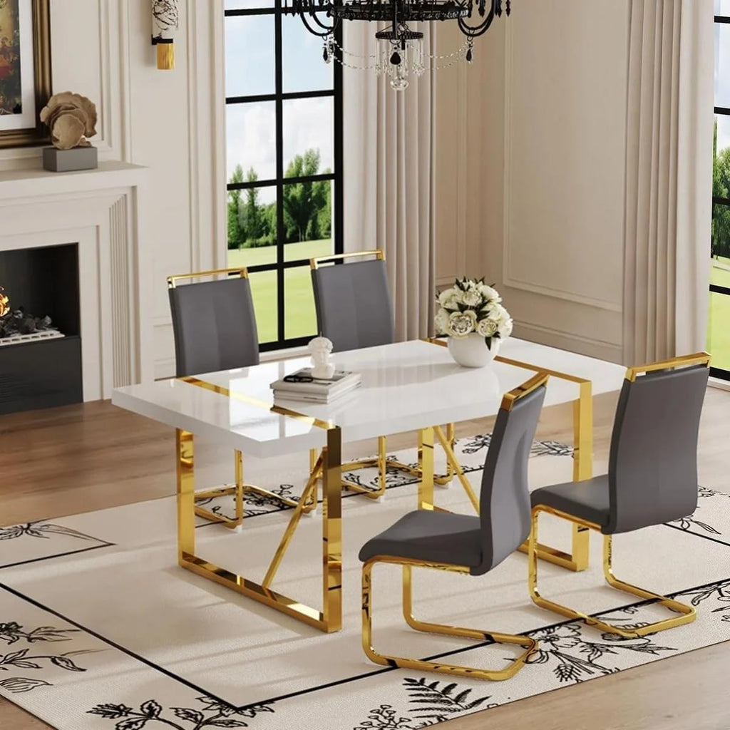 Modern Dining Table Set for 4, 55'' Dining Room Table Set with 4 Faux Leather Chairs, White Wood Tabletop with Gold Metal Legs, Suitable for Small Space