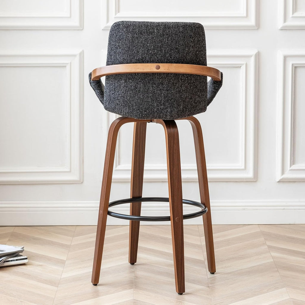 LUNLING 29.5" Set of 3 Bar Height Barstools Mid Century Modern Retro Bar Chairs Charcoal Gray Linen Look Fabric Upholstered and Walnut Wood Frame for Home Bar Furniture(Darkgray)