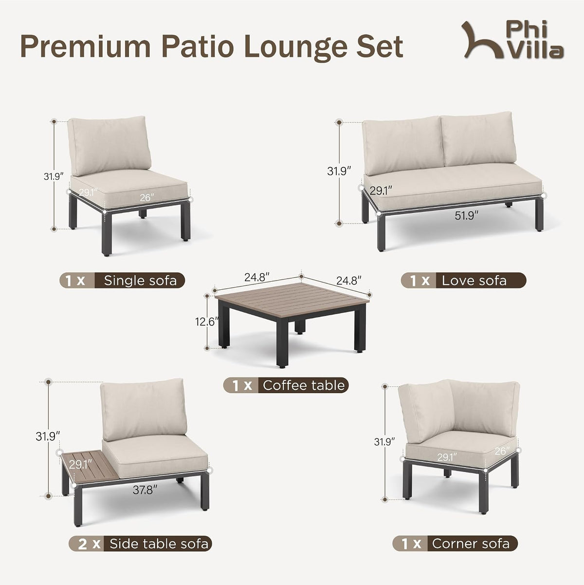 PHI VILLA 6-Seat Metal Patio Sofa Sectional Set with Gray Cushions