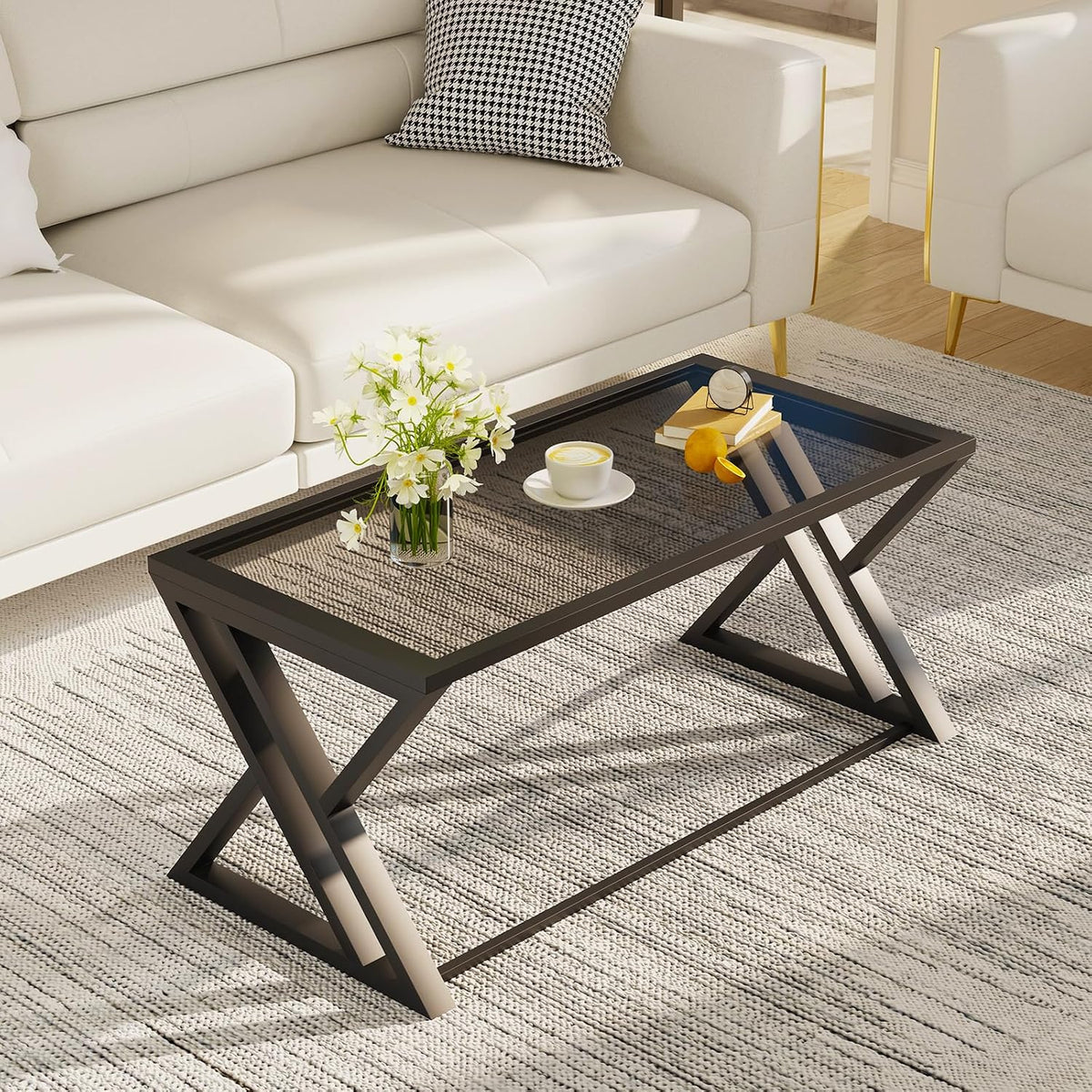 Wolawu Coffee Table Grey Glass Coffee Table for Living Room,Modern Rectangular Center Table with Sturdy Metal Frame,Tempered Glass Tables for Bedroom Home Office