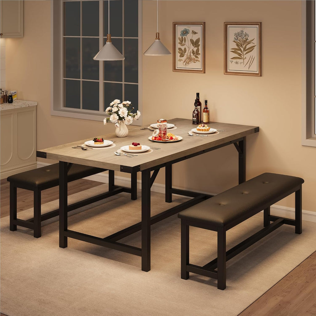 Garvee 63 in Extendable Dining Table Set for 4-6 People, 3-Piece Kitchen Table Set with 2 Upholstered Benches, Farmhouse Dining Room Table Set for Kitchen, Living Room, Apartment, Gray