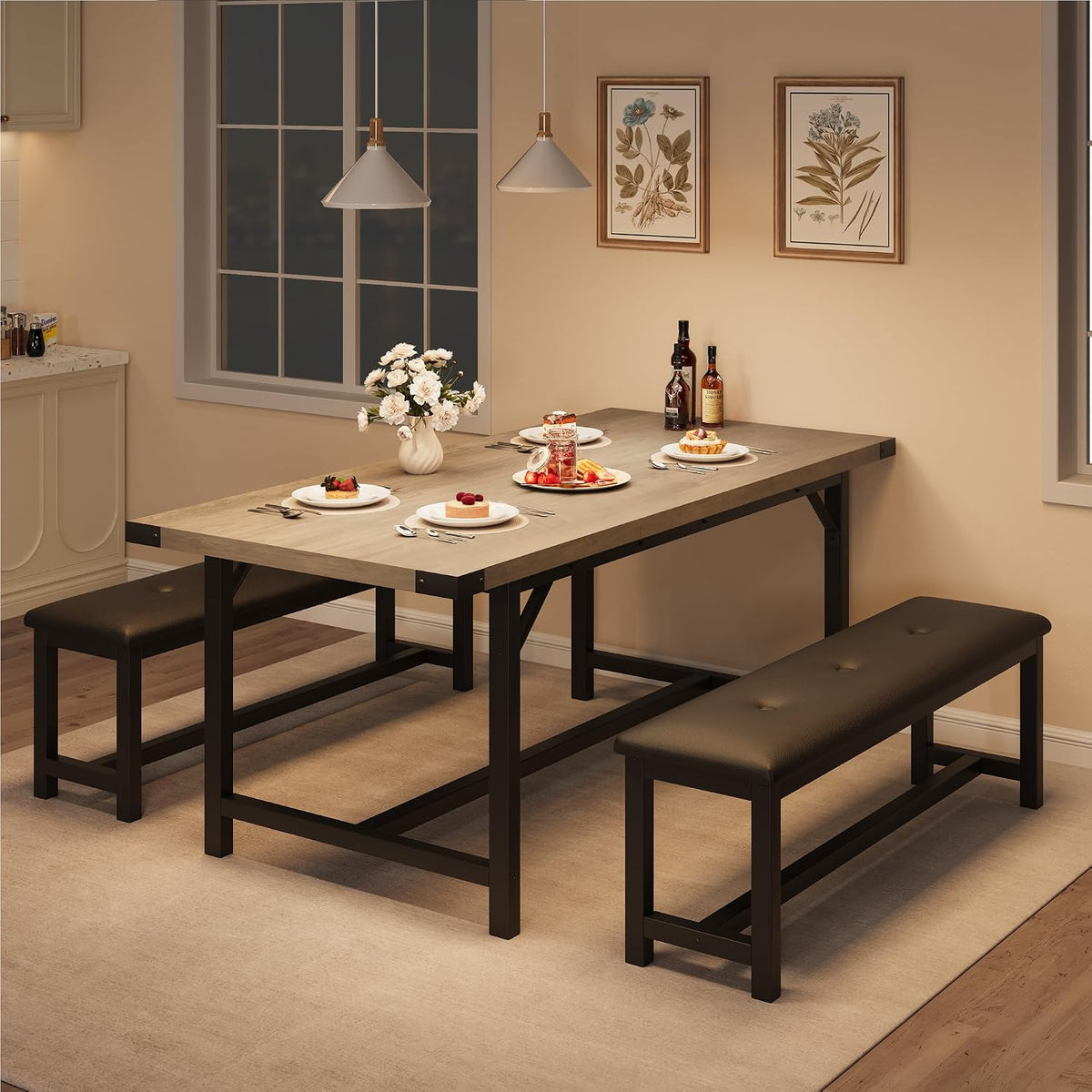 Garvee 63 in Extendable Dining Table Set for 4-6 People, 3-Piece Kitchen Table Set with 2 Upholstered Benches, Farmhouse Dining Room Table Set for Kitchen, Living Room, Apartment, Gray