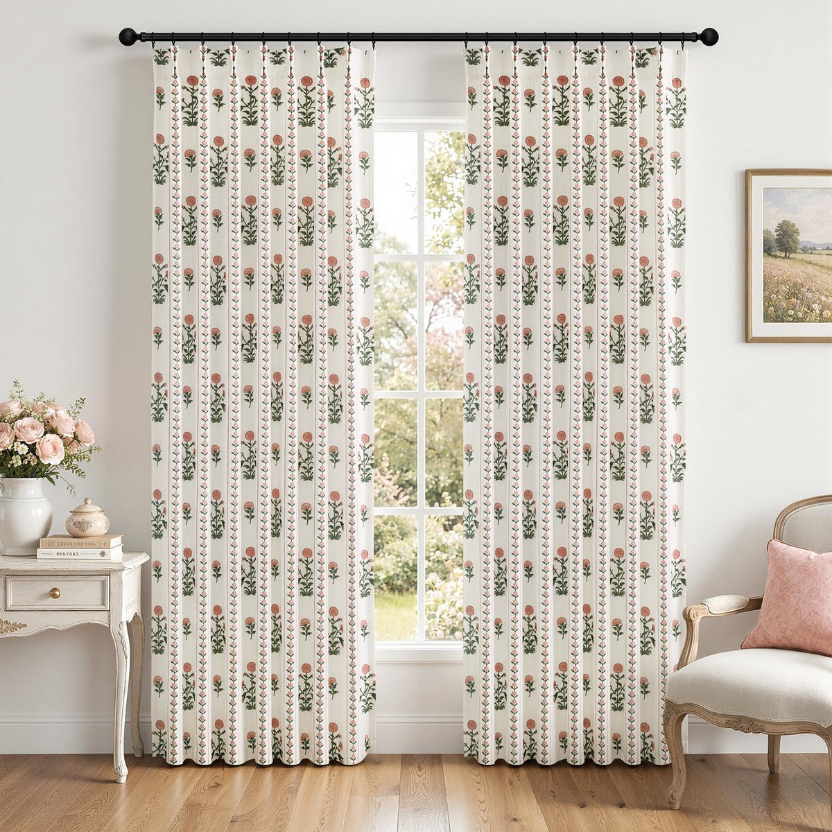 Floral Pinch Pleated Linen Curtains,Pink & White,40" W x 84" L