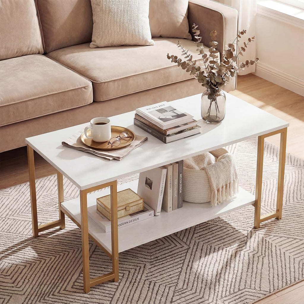 GIANTEX 2-Tier Coffee Table with Storage, 39.5" Center Table, Gold & White