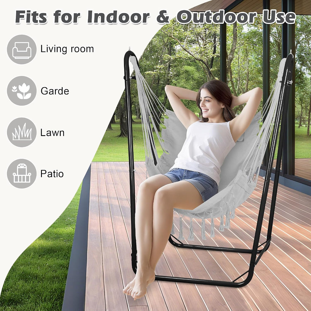 Hammock Chair with U Shape Stand, Cotton Swing Chair with Side Pocket