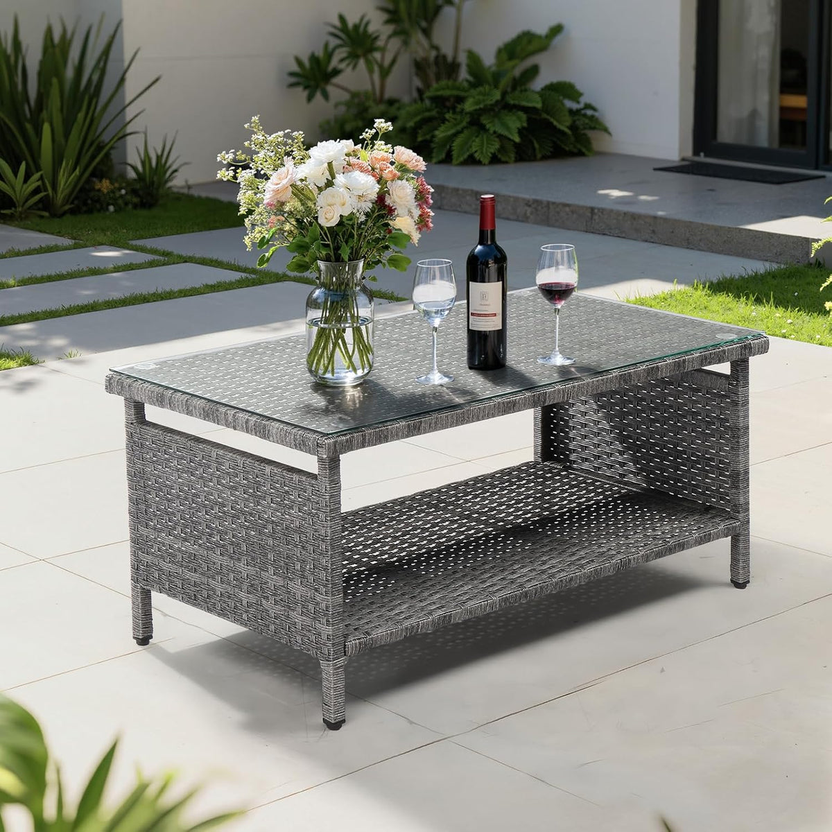 VINGLI Outdoor Wicker CoffeeTable Patio Coffee Tables for Outside, Tempered Glass Top Wicker Table with Storage Coffee Table for Patio Balcony Porch Deck (Gray)
