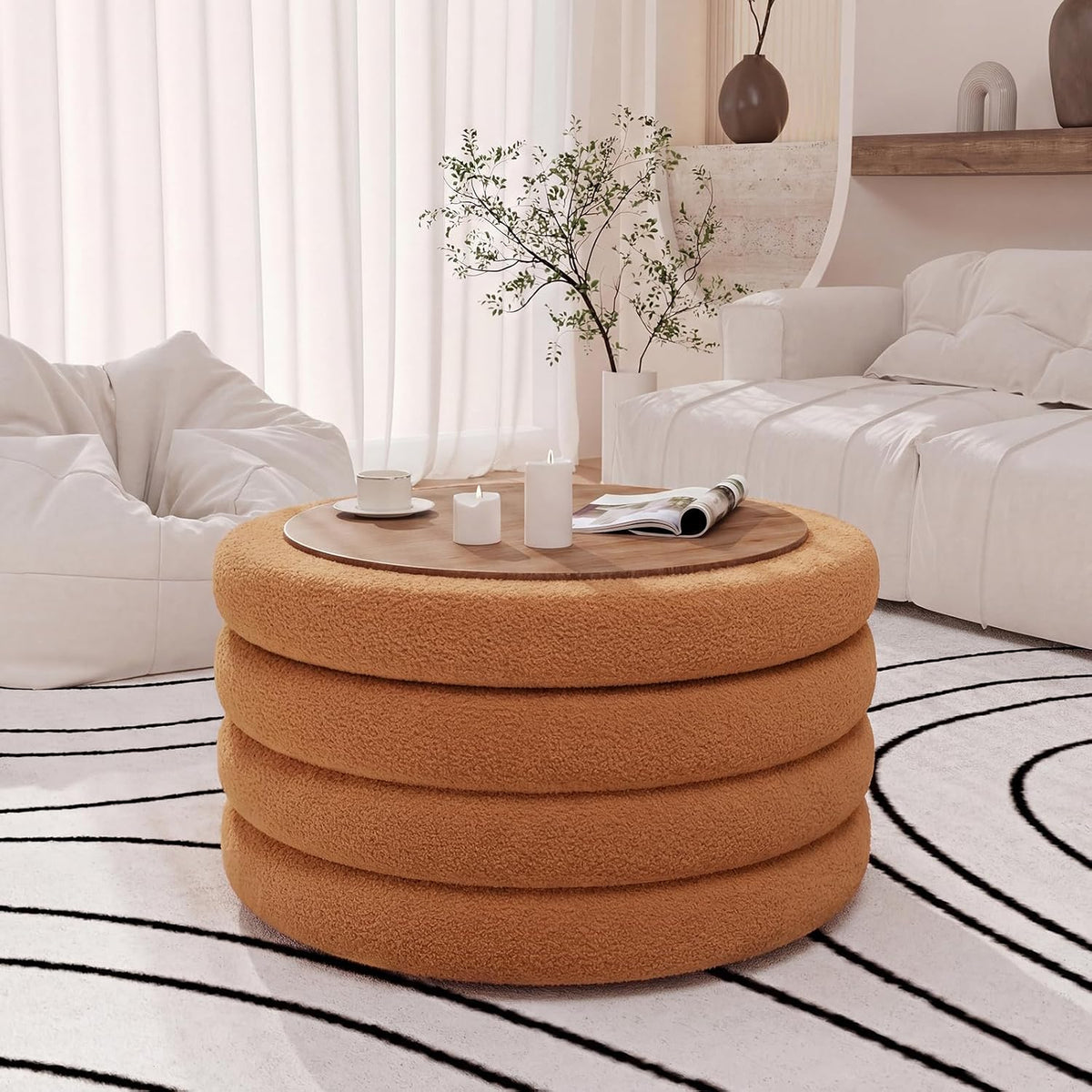 FiveWillowise 30 Inch Round Ottoman with Storage,Large Sherpa Coffee Table
