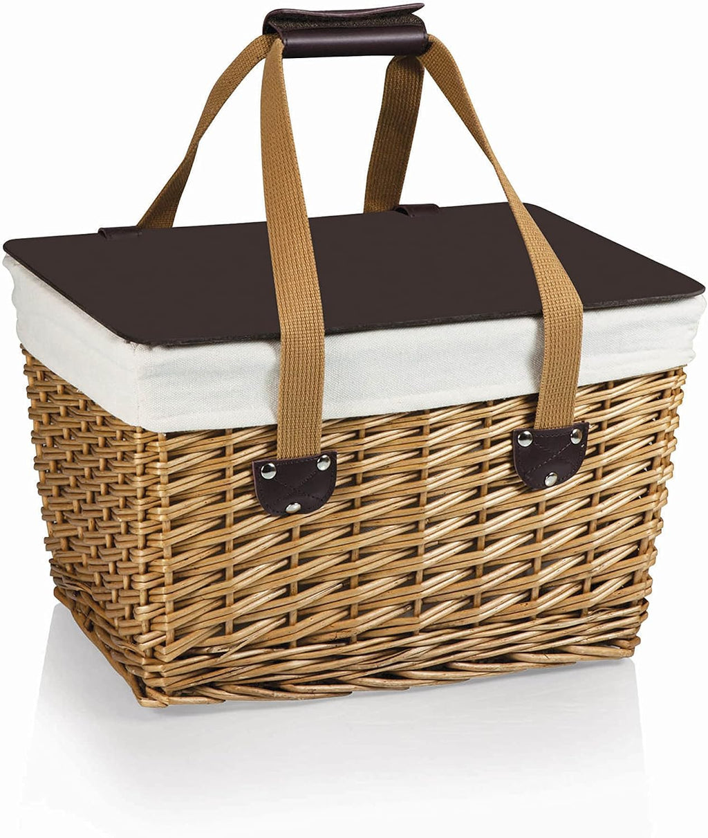 PICNIC TIME Canasta Wicker Picnic Basket, Classic Small Wicker Basket for 2 with Handwoven Willow Design, Removable and Customizable Lid Table, (Beige Canvas with Brown Lid)